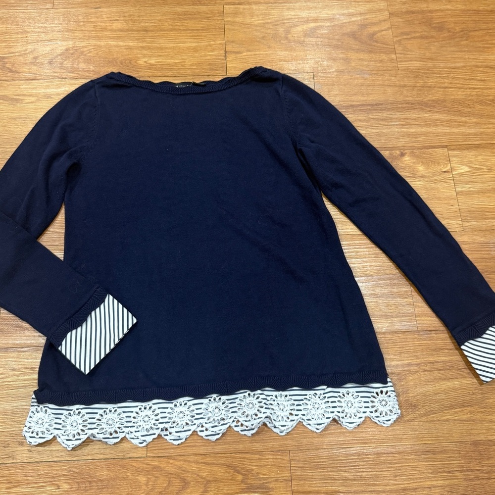 White House Black Market Navy Sweater with Lace Detail